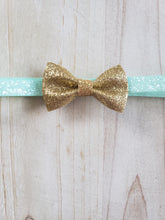 Load image into Gallery viewer, Sparkle Blue with Gold Bow Headband