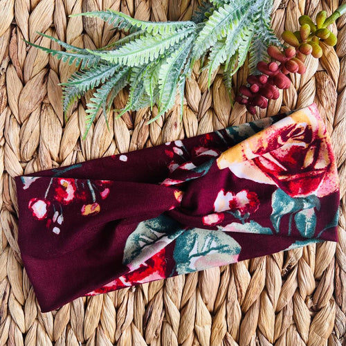 Twist Knot Burgundy Floral Headband