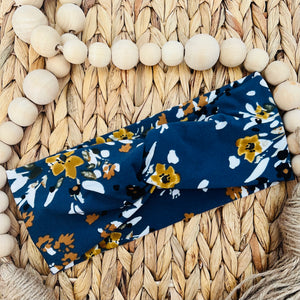 Autumn Blue & Yellow Floral Twist Knit Turban Headband
