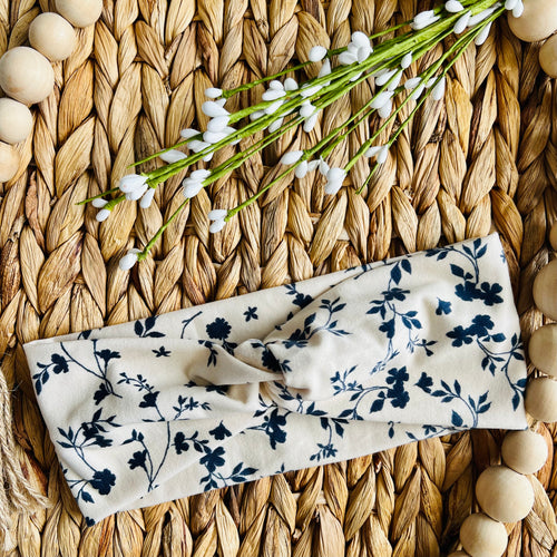 Twist Knot- Cream & Navy Floral Headband