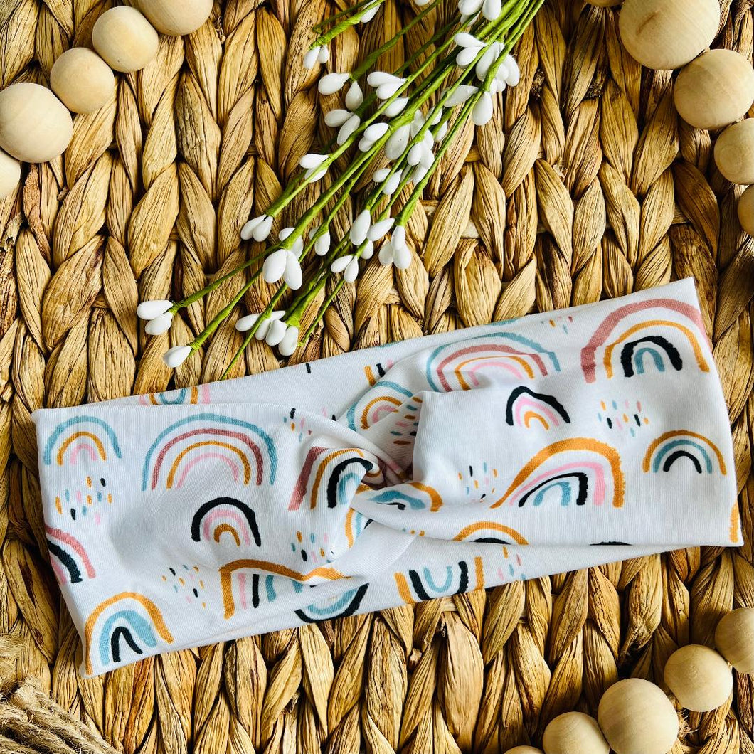 White Rainbow Twist Knot Turban Headband